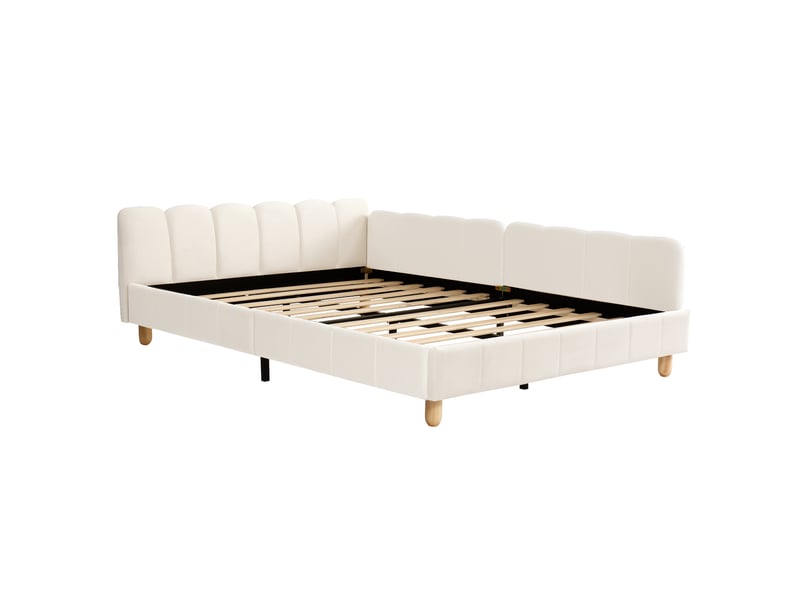  Lit capitonné, lit enfant 140 x 190 cm, avec tête de lit capitonnée et barrière de sécurité, pieds en bois massif, velours, beige.  - Conforama D