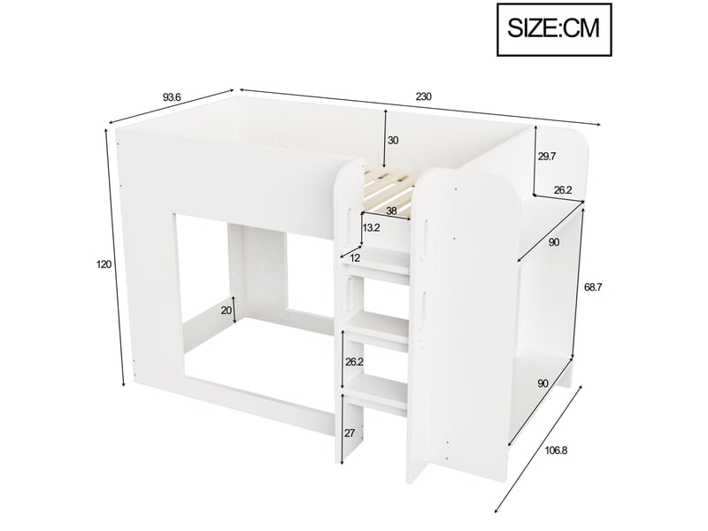  Lit superposé enfant 90x200 cm, garde-corps, échelle, rangement latéral, contreplaqué et mdf blanc sans matelas  - Conforama C