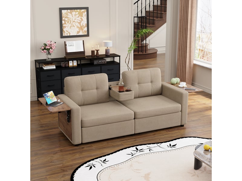  Canapé droit 2 places en chenille 178 x 71 cm avec rangement intégré, tablette rabattable, porte-gobelets et assise réglable - kaki  - Conforama E