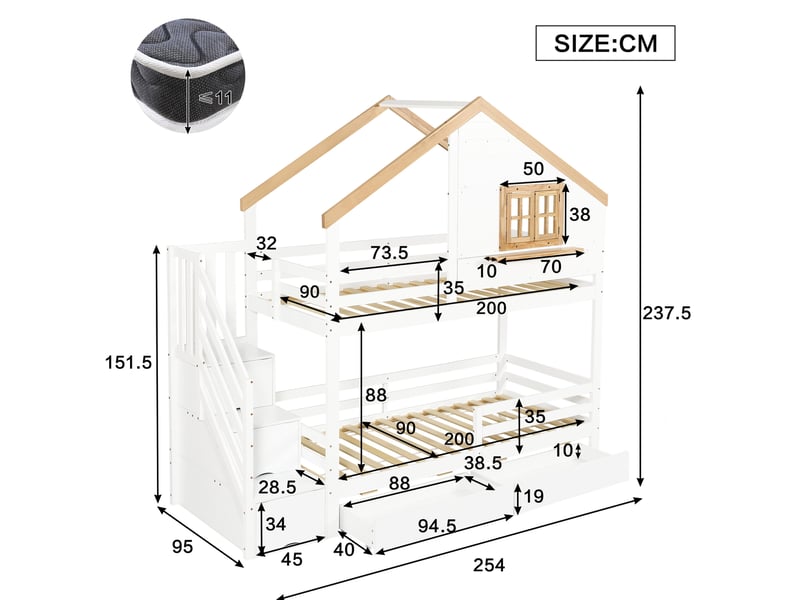  Modenvie lit superpose 90x200 cm - escaliers de rangement, fenetre ouvrante, sans matelas - blanc et naturel  - Conforama C