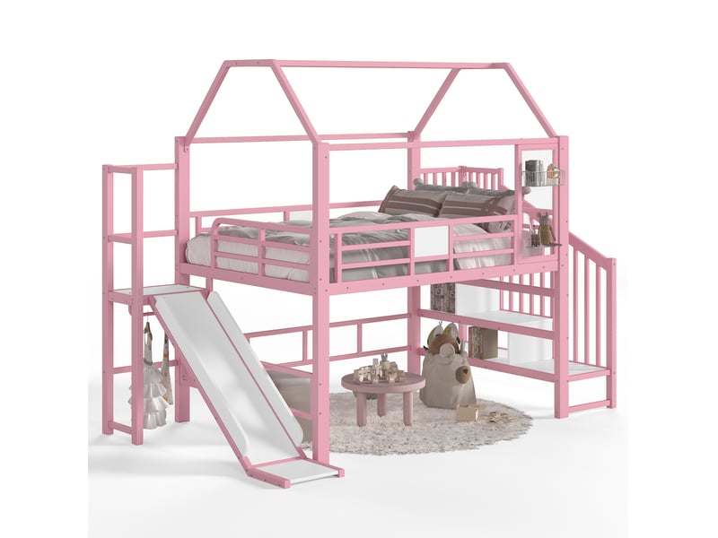  Lit mezzanine enfant 140 × 200 cm 1 place avec toboggan, rangements, led bluetooth, sans matelas, métal rose  - Conforama A