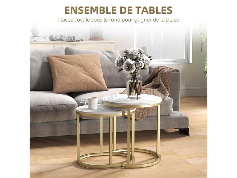  Lot de 2 tables basses tables d'appoint gigognes encastrables structure en acier et plateau en bois aspect or marbre  - Conforama D