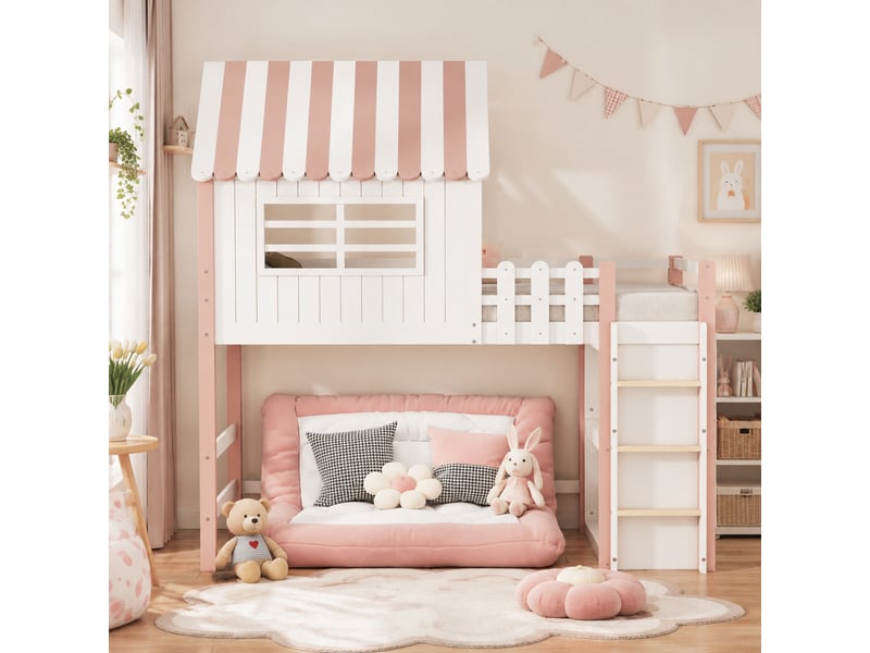 Lit enfant surélevé forme maison 90 x 200 cm rose avec échelle et sommier à lattes - Conforama C