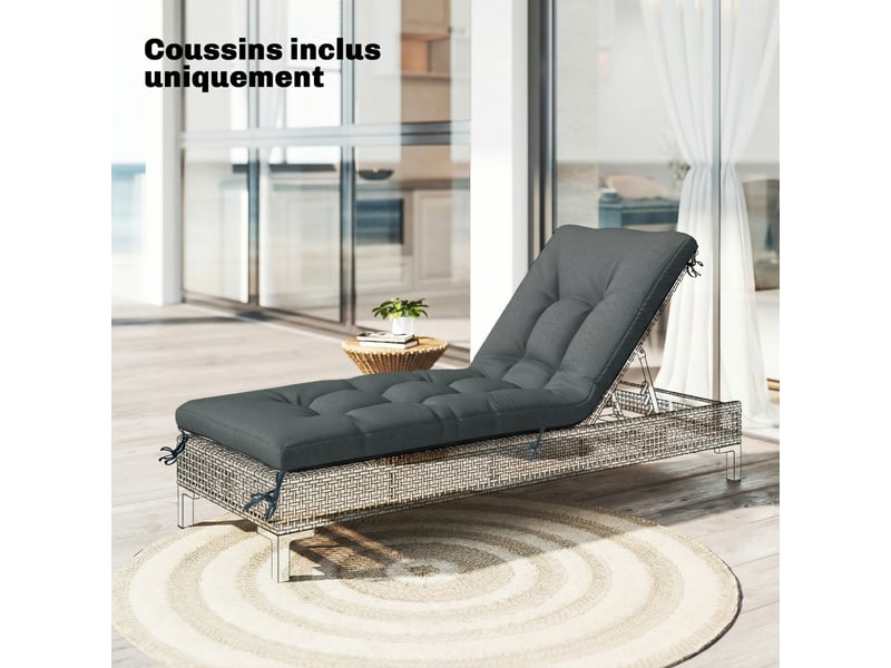  Coussin bain de soleil chaise longue en mousse à mémoire avec sangles, protection uv50+, 198x65x13cm, gris foncé  - Conforama C