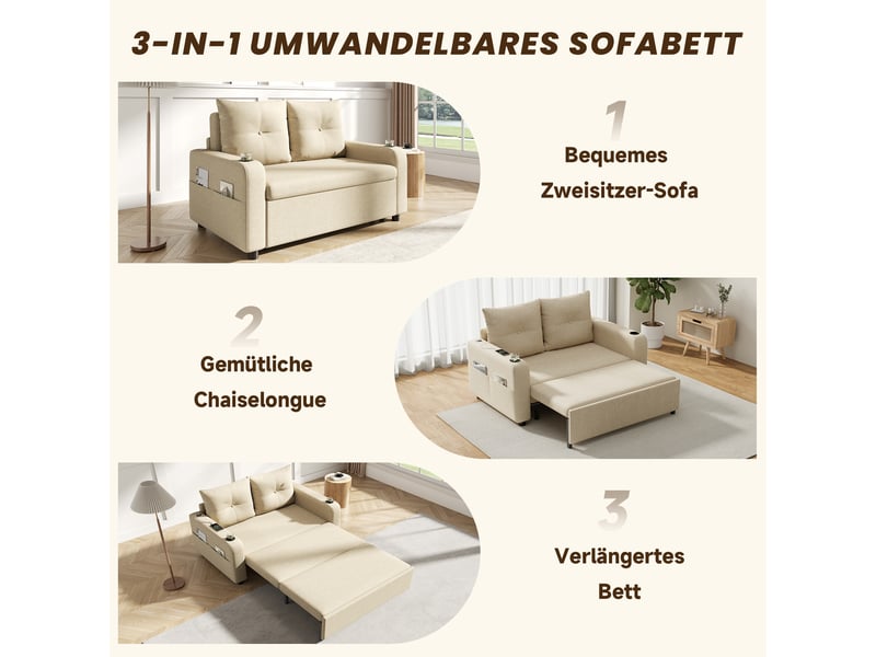  Canapé convertible, canapé-lit, beige, poches latérales, porte-gobelets, 3 en 1, design moderne, usb  - Conforama W