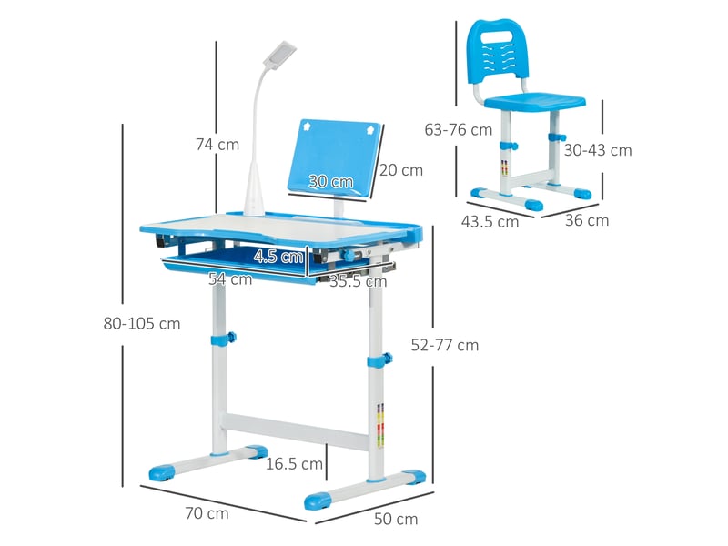 Bureau d'écolier avec chaise pour enfants de 6 à 12 ans, hauteur et inclinaison réglables, bleu - Conforama D