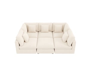 Canapé d'angle modulable 6 places - fonction lit ottoman coffre pochettes - tissu chenille - beige