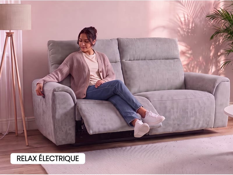 Canape droit relax électrique beige 3 pl LOANE - Conforama F