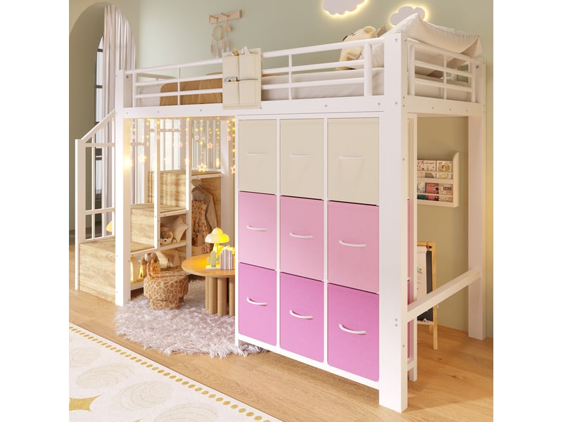  Lit mezzanine enfant 90x200 cm blanc avec rangements et tringle à vêtements  - Conforama D