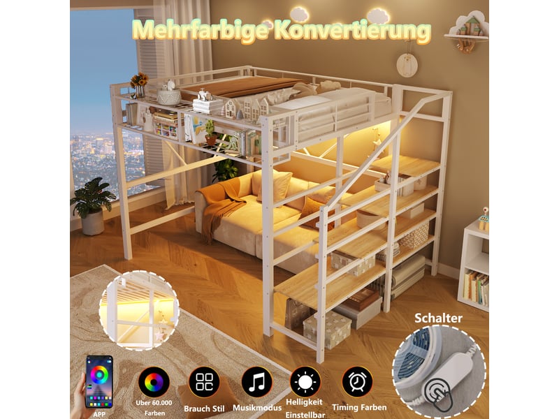  Lit superposé 140x200 cm, lit enfant, rangement, étagères, led, bois et métal blanc  - Conforama W