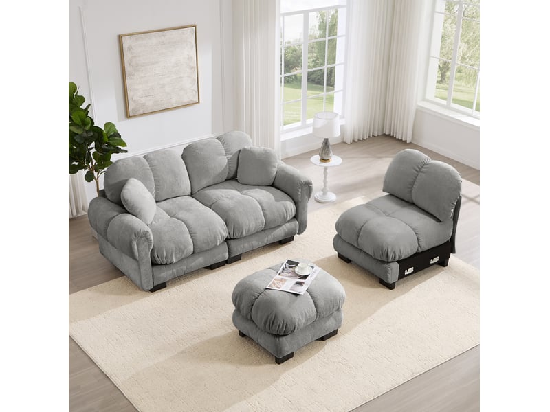  Canapé d'angle modulable 3 places modenvie avec ottomane mobile, tissu chenille gris clair, assises capitonnées, 260 x 149 x 90 cm  - Conforama D