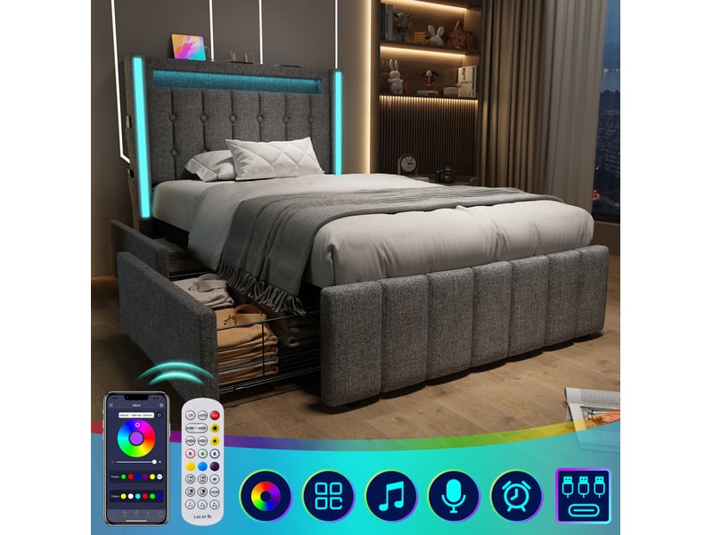  Lit enfant 90 × 200 cm 1 place avec 2 tiroirs, led réglable, usb et type-c, sans matelas, en lin gris  - Conforama E