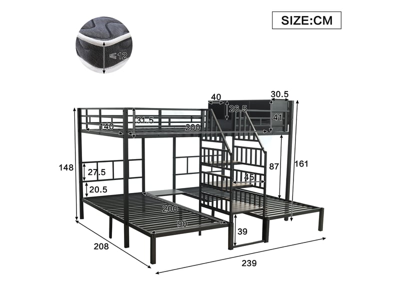  Lit superposé 90x200 cm, lit adulte avec structure en fer forgé, lit simple enfant, cadre de lit adulte, structure de lit, noir  - Conforama B