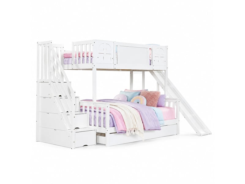  Lit superposé enfant 200×90 cm et 200×120 cm avec toboggan, escalier de rangement et tiroir, blanc  - Conforama A