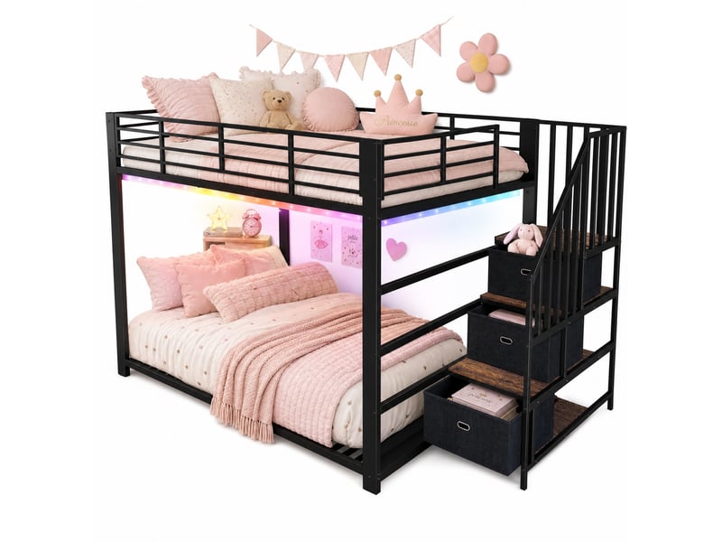  Lit superposé 140x200 cm, escalier réversible avec tiroirs, led, prises et usb, métal et mdf, noir, sans matelas  - Conforama A