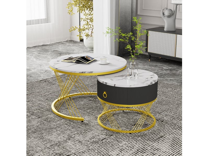  Lot de 2 tables basses gigognes avec tiroir, effet marbre blanc et doré  - Conforama D