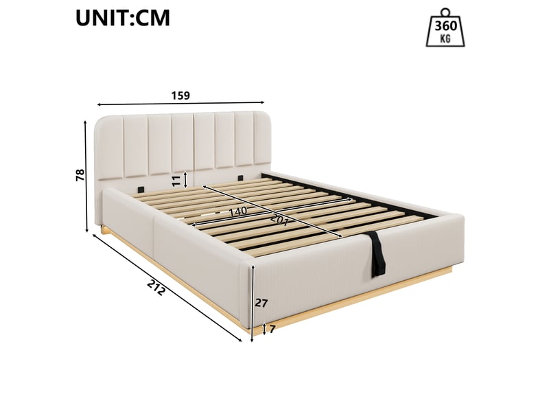  Lit coffre 140x200 cm beige, tissu chenille, sommier relevable hydraulique, led contrôlée par appli, sommier à lattes inclus  - Conforama C