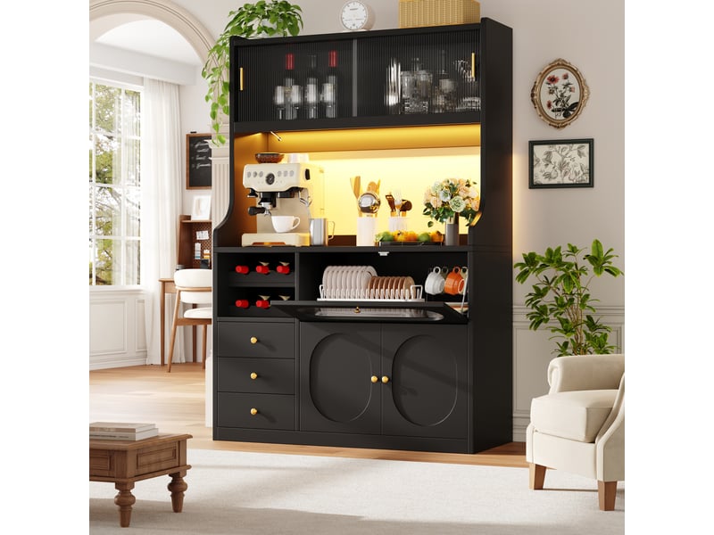  Buffet de cuisine 120x40x180 cm - 5 portes, 3 tiroirs, rangement à vin, plan de travail et éclairage led - noir  - Conforama B