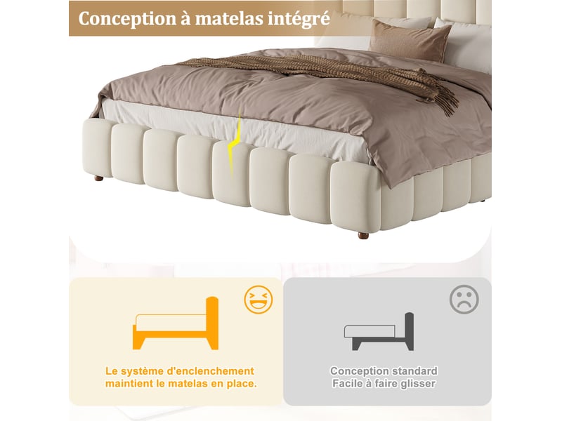  Lit adulte 180x200 cm en velours beige avec coffre hydraulique, tête de lit capitonnée et sommier, sans matelas  - Conforama D