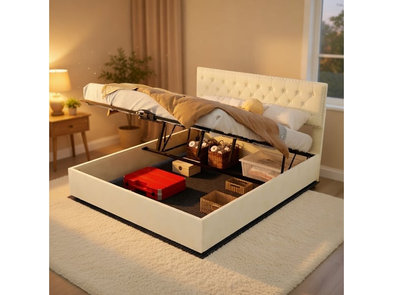  Lit coffre haut avec tête de lit rembourrée beige 160x200cm inclut matelas 160x200cm design moderne minimaliste  - Conforama B