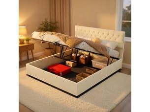 Lit coffre haut avec tête de lit rembourrée beige 160x200cm inclut matelas 160x200cm design moderne minimaliste