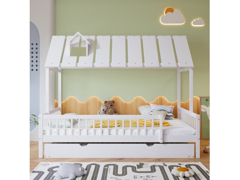 Lit enfant cabane 120x200 cm avec lit gigogne, barrières sur 3 côtés, blanc - Conforama D