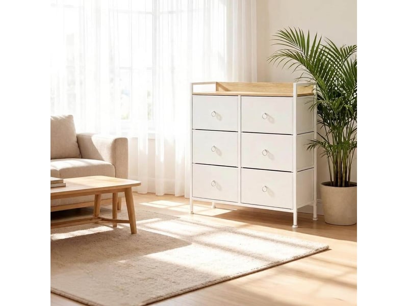  Commode de rangement avec 6 tiroirs et plateau ouvert, anti-basculement, pour entrée et salon en bois, métal et tissu blanc  - Conforama D