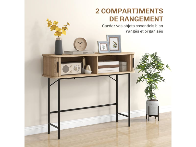  Console meuble, table console avec portes coulissantes à lattes et pieds en acier, chêne et noir, pour salon  - Conforama R