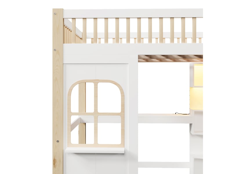  Lit mezzanine 140x200 cm avec led, fenêtre style maison, rangements intégrés, bois et mdf, blanc naturel, sans matelas  - Conforama D
