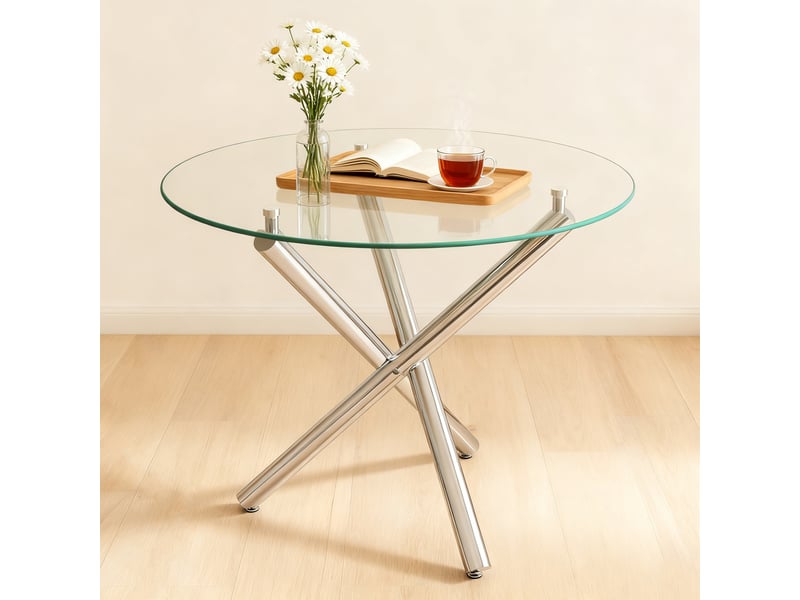 Table de salle à manger ronde 80 x 80 x 77 cm, verre trempé transparent et métal argenté, 2 à 4 personnes - Conforama B