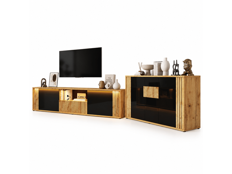  Ensemble meuble tv 180 cm et buffet 140 cm, noir et bois, pour tv 75 pouces  - Conforama D