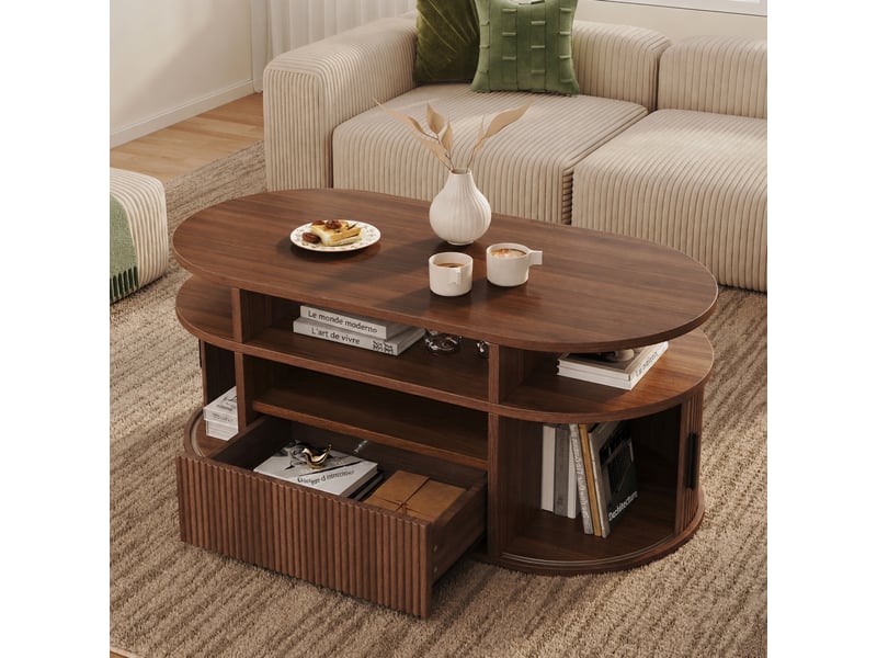  Table basse ovale effet noyer avec tiroir, 2 portes à enroulement et rangements ouverts, mdf, 100 x 50 x 40 cm  - Conforama B