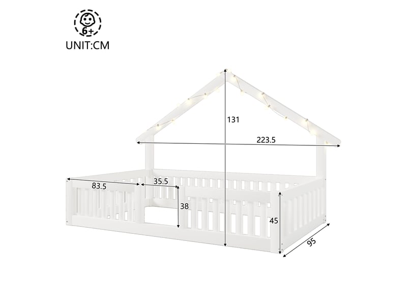  Lit maison, 90x200 cm, lit maison, avec barrière de sécurité, lit au sol, led, matelas non inclus, bois, coloris blanc  - Conforama C