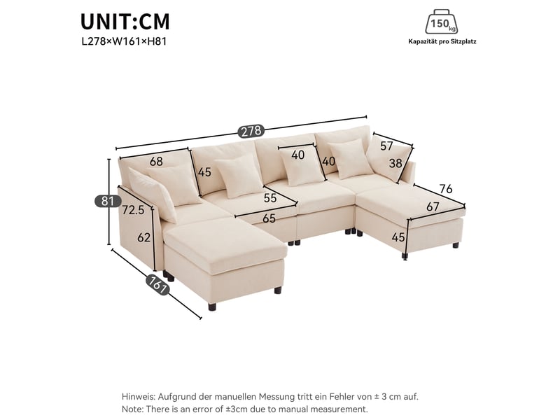  Canapé modulable beige en chenille avec 2 poufs et 6 coussins  - Conforama E