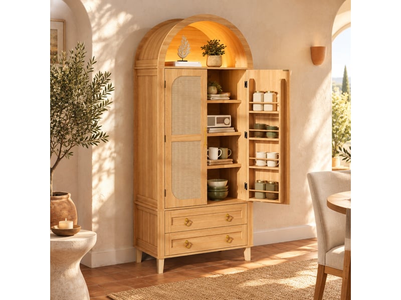  Buffet haut tcqpz 76 x 40 x 179,5 cm led réglable par application 2 portes 2 tiroirs mdf panneaux de particules naturel  - Conforama C