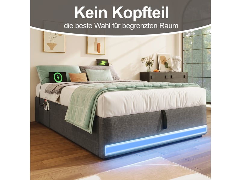  Lit capitonné 90*200cm, gris, sans matelas, led, usb type-c, rangement latéral, relevage hydraulique  - Conforama E