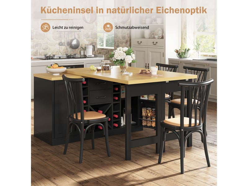 Îlot de cuisine noir rotatif 360° 120–223cm avec rangement, casier à vin amovible, support poubelle et étagères snacks - Conforama C