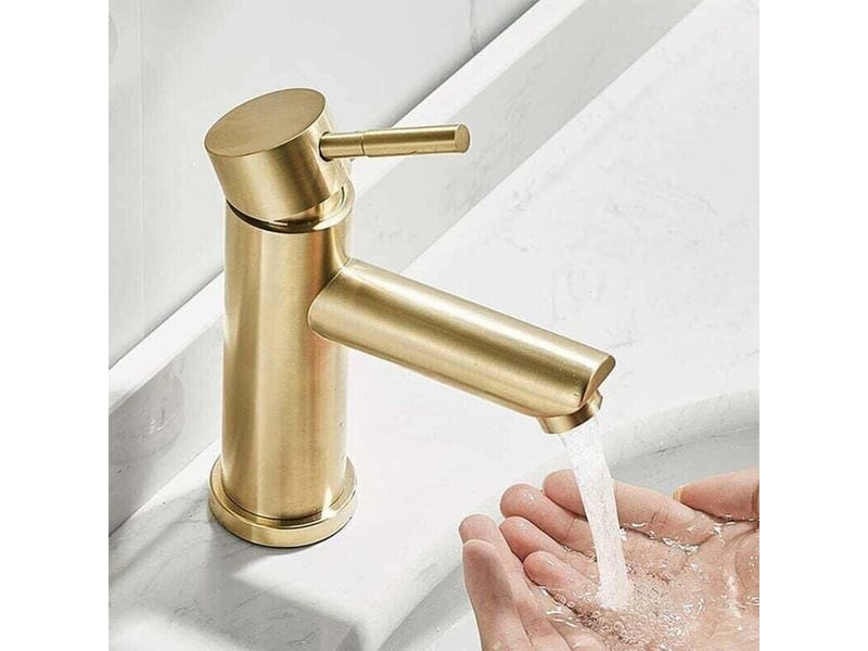  Robinet de lavabo, design moderne et élégant, robinet en laiton doré brossé, eau chaude et froide  - Conforama D