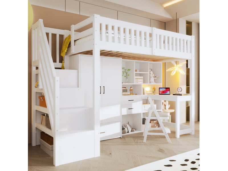  Lit mezzanine enfant 90 x 200 cm blanc avec bureau, armoire et rangements  - Conforama D