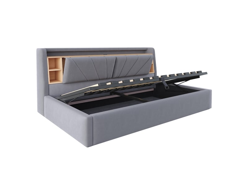  Lit coffre 90x200 cm, lit simple avec led et usb, velours gris foncé, sans matelas  - Conforama D