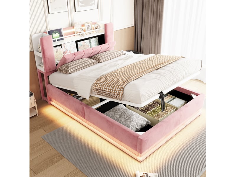 Lit double 140 × 200 cm coffre hydraulique avec led, ports usb et rangement tête de lit en velours rose pour chambre - Conforama B