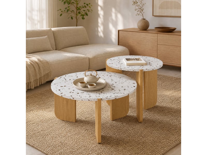  Tables basses gigognes en mdf pour salon 70×70×35 et 50×50×45,5 cm blanc et bois naturel  - Conforama B