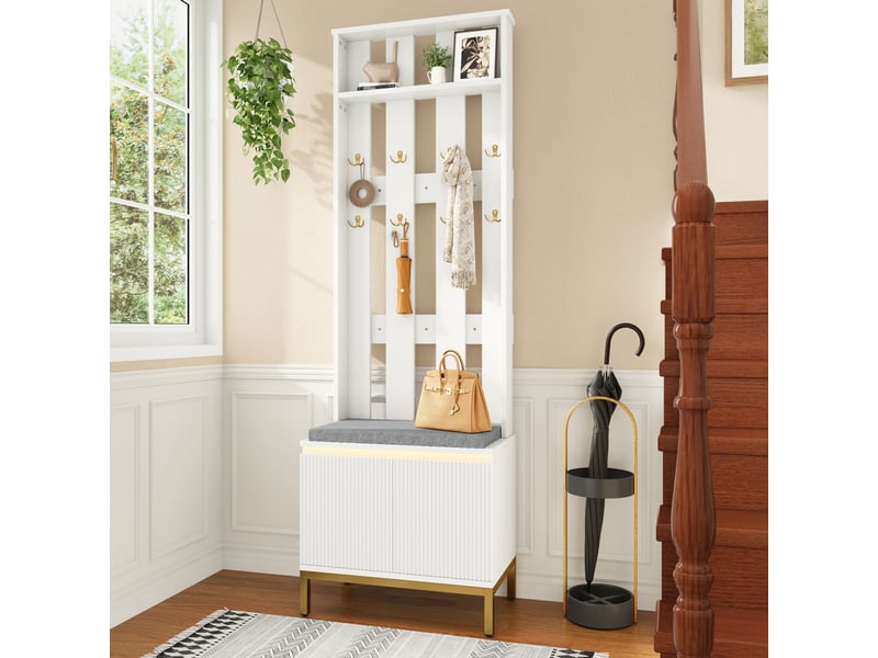  Porte-manteau - banc d'entrée, design blanc, dossier perforé verticalement, 8 crochets doubles dorés, assise rembourrée  - Conforama R