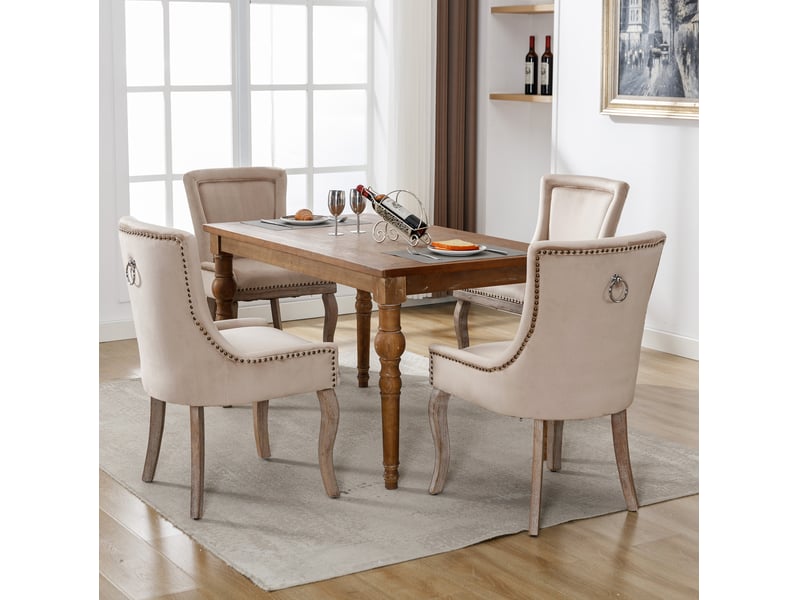  Lot de 4 chaises de salle à manger en velours beige avec accoudoirs  - Conforama D