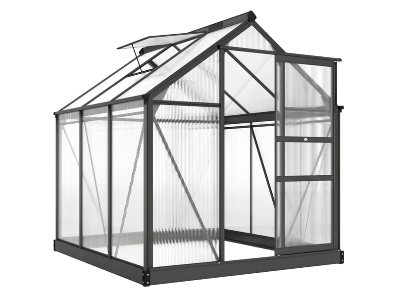  Serre de jardin polycarbonate 3,65m² 190 x 192 x 201 cm résistant aux uv fondation renforcé gouttière gris  - Conforama A