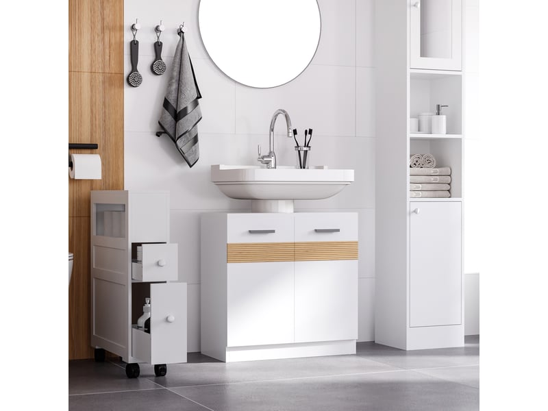  Meuble sous lavabo blanc 60 cm, 2 portes, découpe en u et étagère réglable  - Conforama D