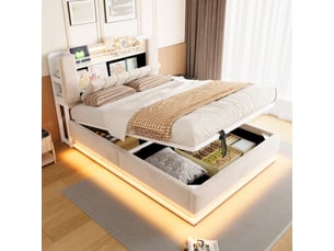 Lit coffre 140 × 200 cm 2 places avec éclairage led, ports usb et rangement tête de lit, sans matelas, beige