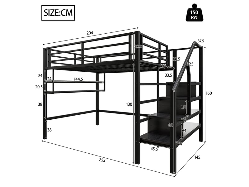  Lit surélevé enfant 140x200 cm avec rangements, escalier de rangement et barrières noir  - Conforama C