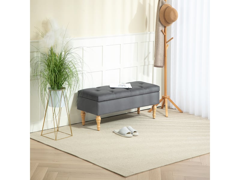 Banc coffre de rangement 2 en 1 banquette en velours avec pieds en bois et couvercle à charnière capitonné, gris foncé - Conforama D