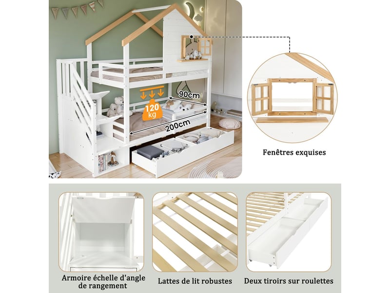  Lit superposé 90 x 200 cm structure en pin et mdf escalier à rangements rangement sous le lit design petite maison fenêtre intégrée finition blanc et naturel  - Conforama E